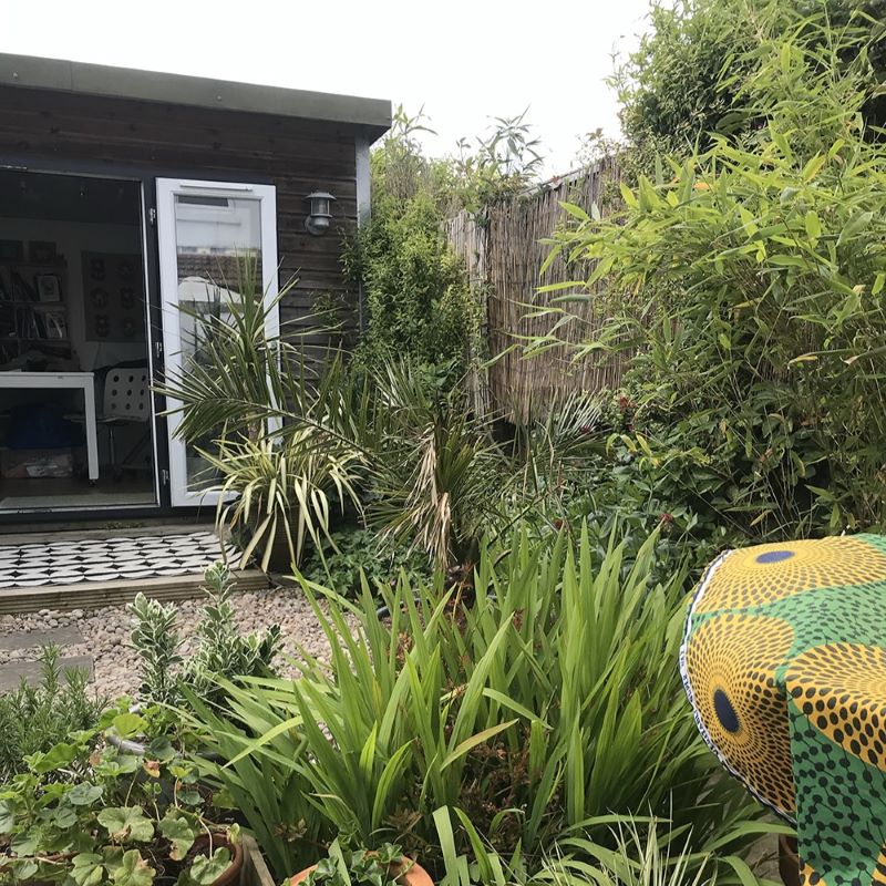 Fiona's garden studio, with its doors open wide and surrounded by pots full of green plants